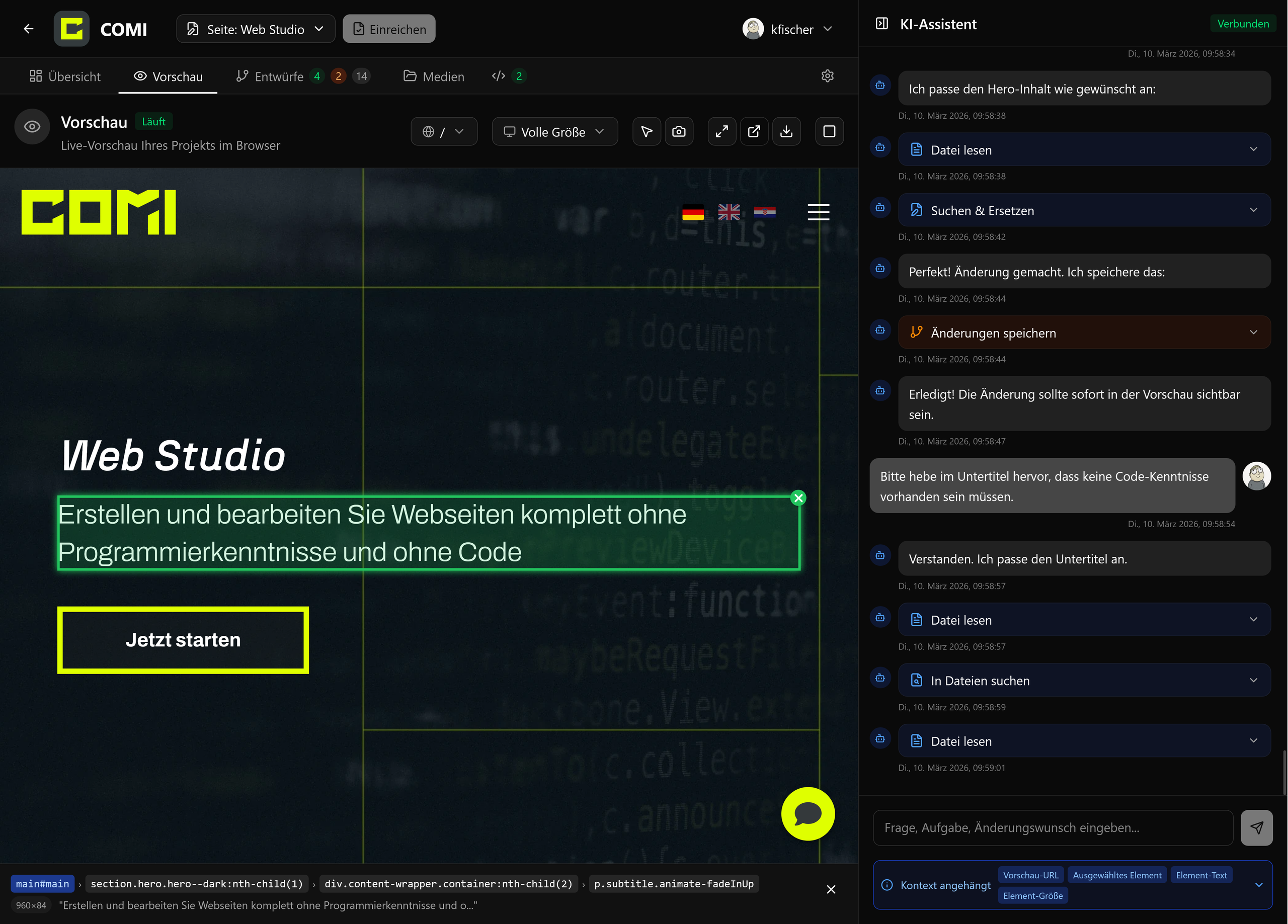 Web Studio Oberfläche: links die Live-Vorschau dieser Seite, rechts der AI-Assistent