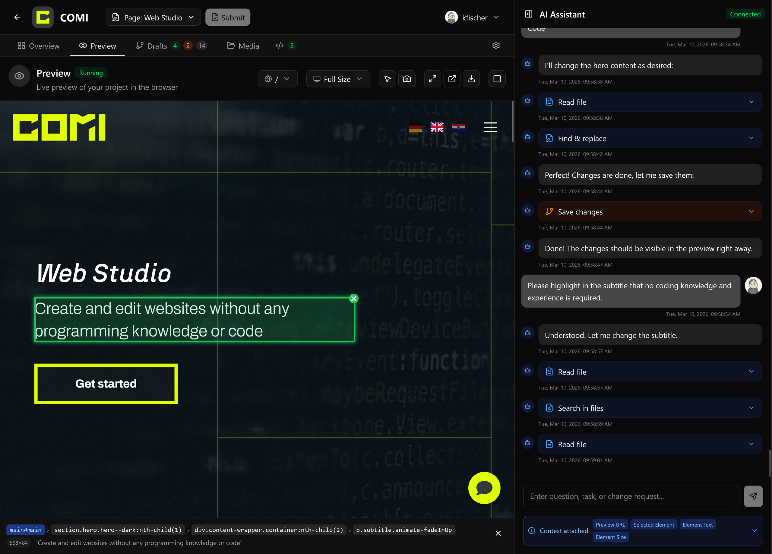 Web Studio interface: live preview of this page on the left, the AI assistant on the right